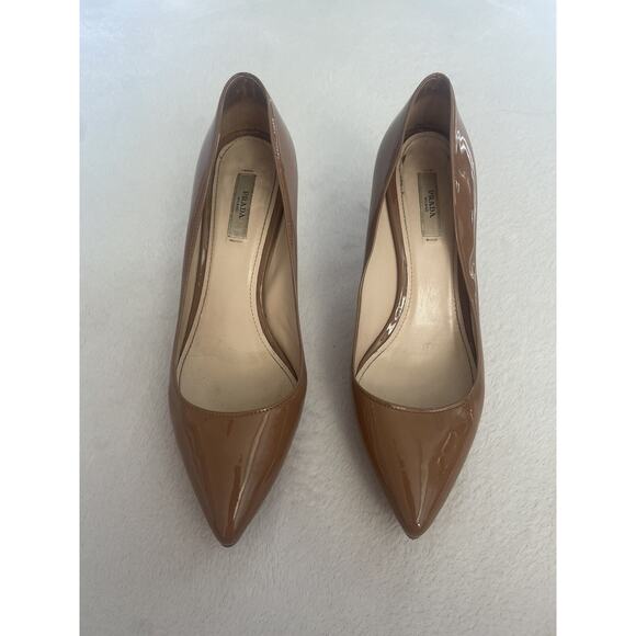 Prada Patent Platform Pumps High Heels Size 39 9 Pointed Toe Tan Nude Vintage - Picture 2 of 10